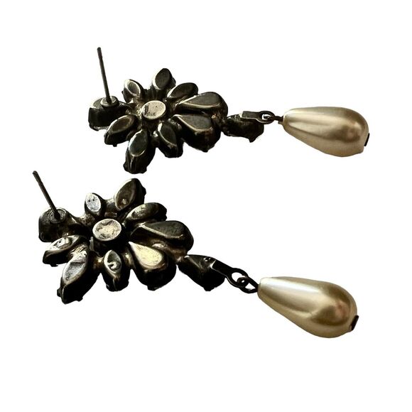 Vtg Tear Drop Pierced Earrings Opalescent Rhinestone Faux‎ Pearl Bride Jewelry - Picture 5 of 11